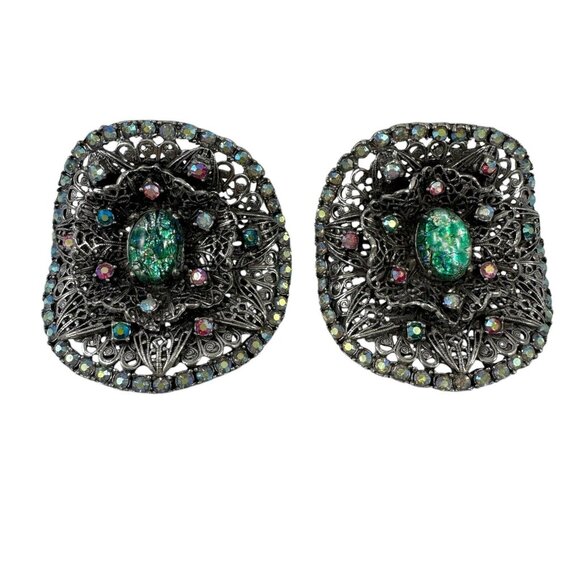 Musi Rhinestone Shoe Clips Filigree Aurora Borealis Faux Opal Cabochon Vtg 1960s - Picture 1 of 10
